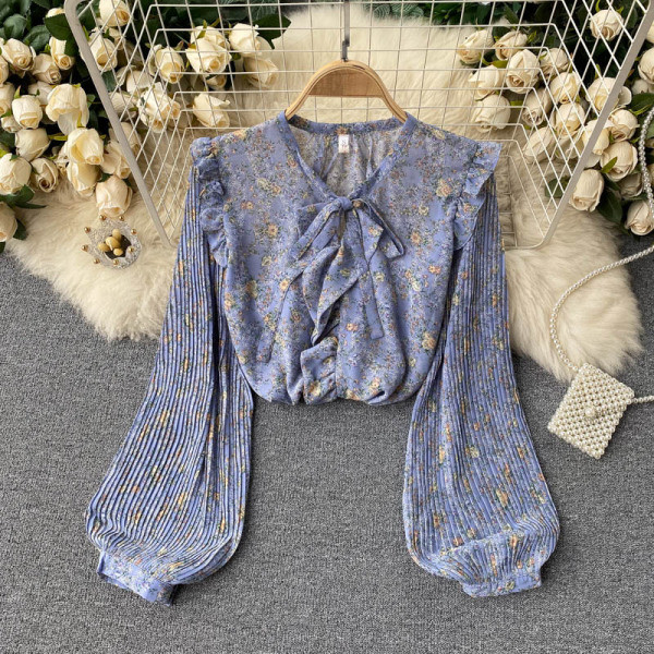 Virágmintás, redős ujjú női ing