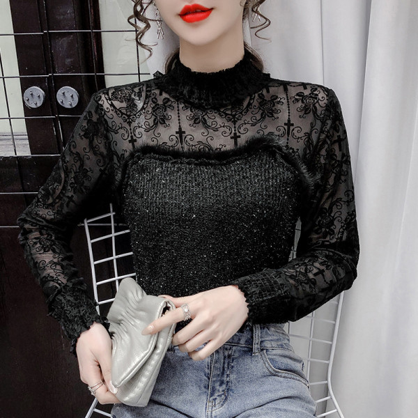 Moderna ženska košulja s polo kragnom i dugim rukavima u crnoj boji