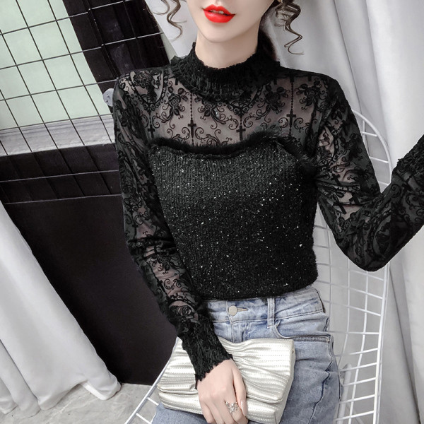 Moderna ženska košulja s polo kragnom i dugim rukavima u crnoj boji