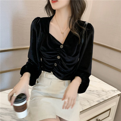 Дамска риза с шпиц деколте и копчета в кафяв цвят