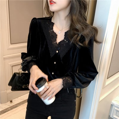 Naiste sametsärk pitsi ja spitsikaelusega