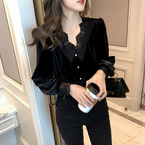 Naiste sametsärk pitsi ja spitsikaelusega