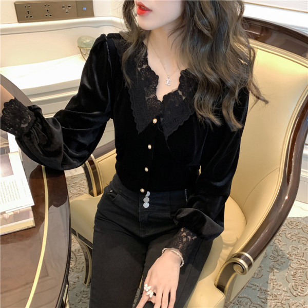 Naiste sametsärk pitsi ja spitsikaelusega