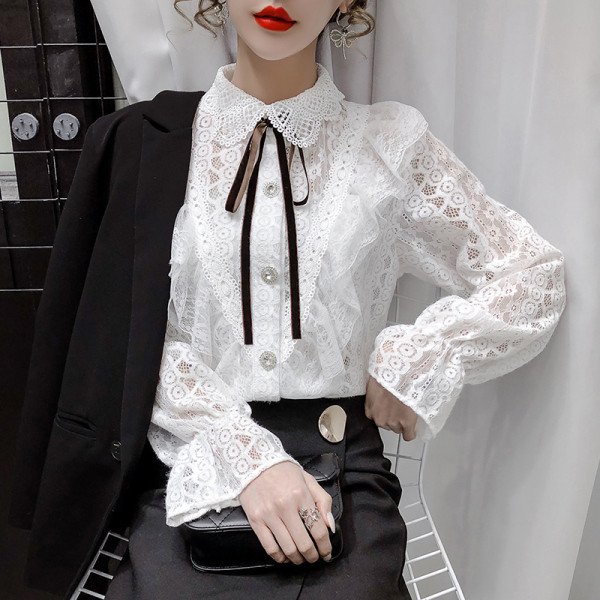 Дамска дантелена риза с панделка 