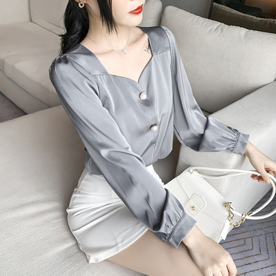 Γυναικείο σατέν πουκάμισο με κουμπιά και μακριά μανίκια