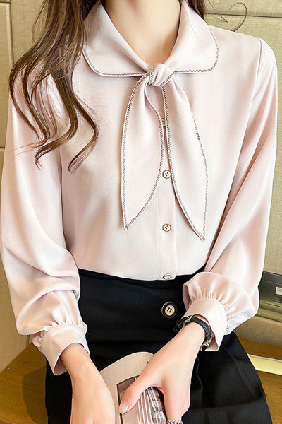 Beeži ja pikkade varrukatega naiste särk paela ja nööpidega