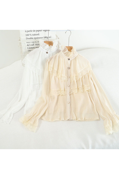 Retro stiilis kõrge krae ja lokkidega naiste särk