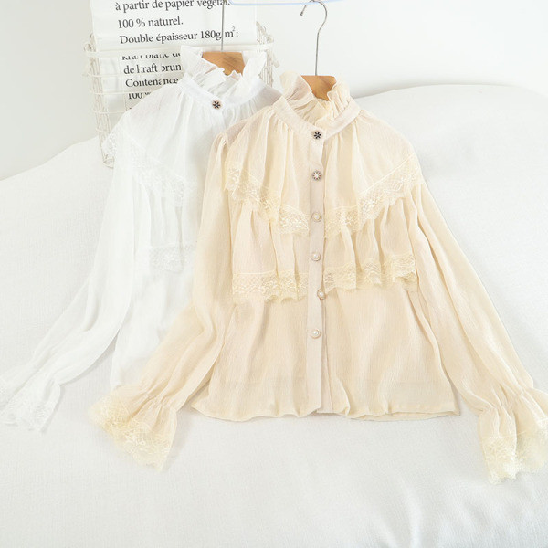 Retro stiilis kõrge krae ja lokkidega naiste särk