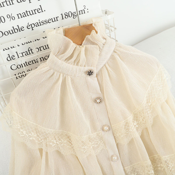 Retro stiilis kõrge krae ja lokkidega naiste särk