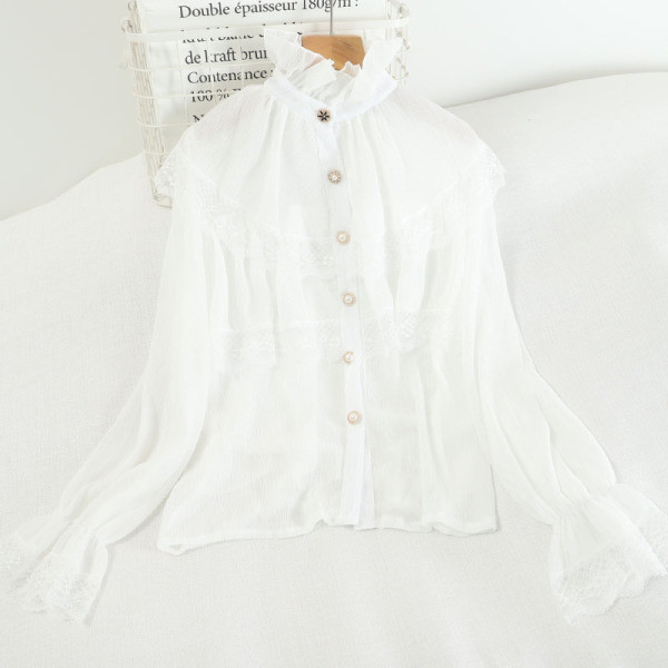 Retro stiilis kõrge krae ja lokkidega naiste särk