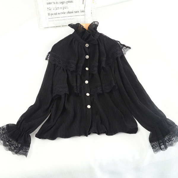 Retro stiilis kõrge krae ja lokkidega naiste särk