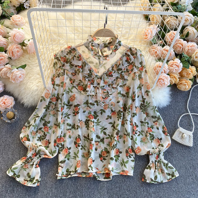 Modern női ing virágmintával és alacsony gallérral