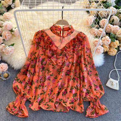 Modern női ing virágmintával és alacsony gallérral