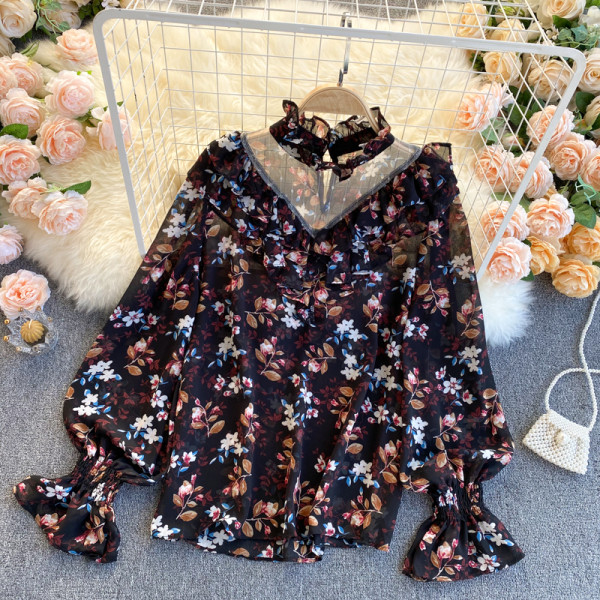 Modern női ing virágmintával és alacsony gallérral