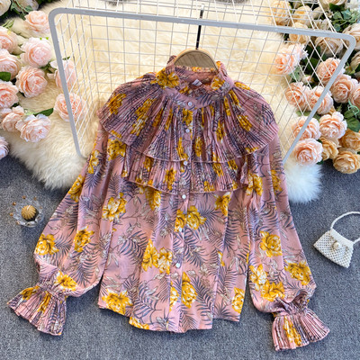 Moodne lillemustri ja nööpidega naiste särk