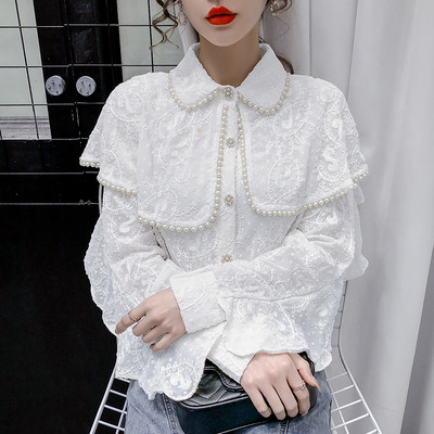 Naiste nööpide ja pärlitega särk valge ja beež