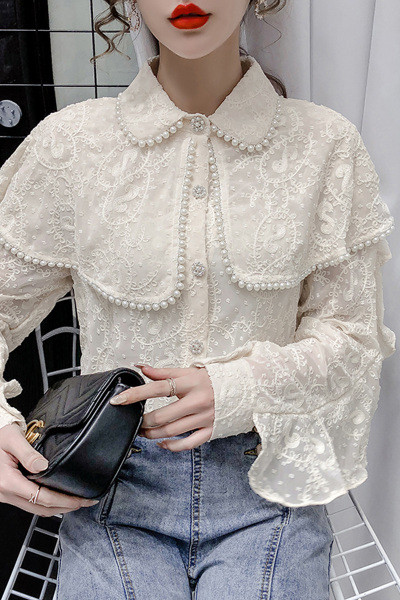 Naiste nööpide ja pärlitega särk valge ja beež