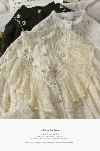 Retro stílusú női ing gyöngyökkel és kerek nyakkivágással