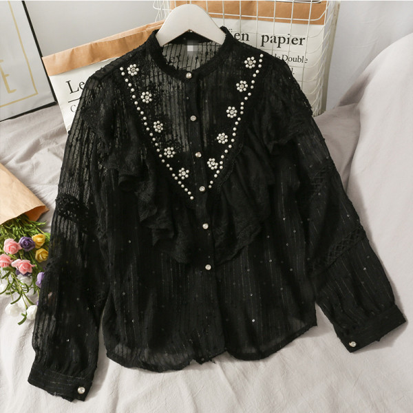 Retro stílusú női ing gyöngyökkel és kerek nyakkivágással