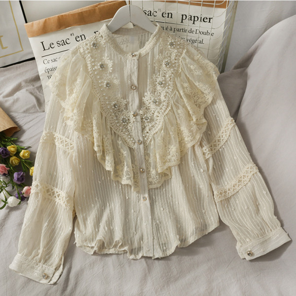 Retro stílusú női ing gyöngyökkel és kerek nyakkivágással