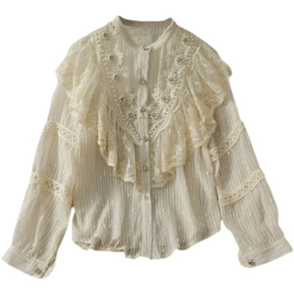 Retro stílusú női ing gyöngyökkel és kerek nyakkivágással