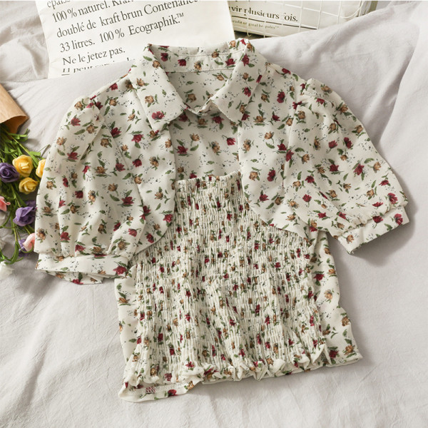 Modern női ing rövid ujjú virágos motívumokkal