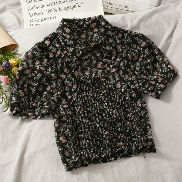 Modern női ing rövid ujjú virágos motívumokkal