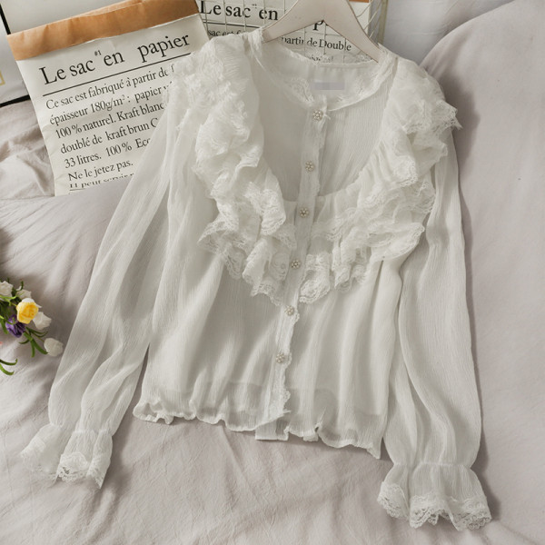 Retro stílusú női ing fürtökkel és kerek nyakkivágással