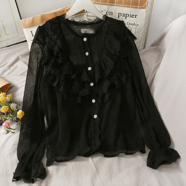 Retro stílusú női ing fürtökkel és kerek nyakkivágással