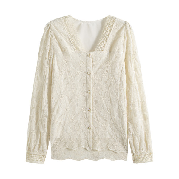 Naiste vabaaja pitsiline beeži värvi nööpidega särk