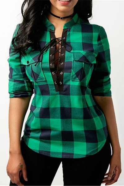 Hosszú, fűzős női kockás ing - 5XL méretig