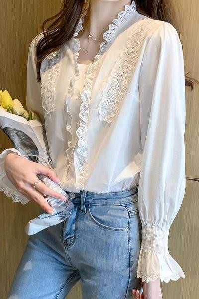 Naiste moodne valge lokkidega särk