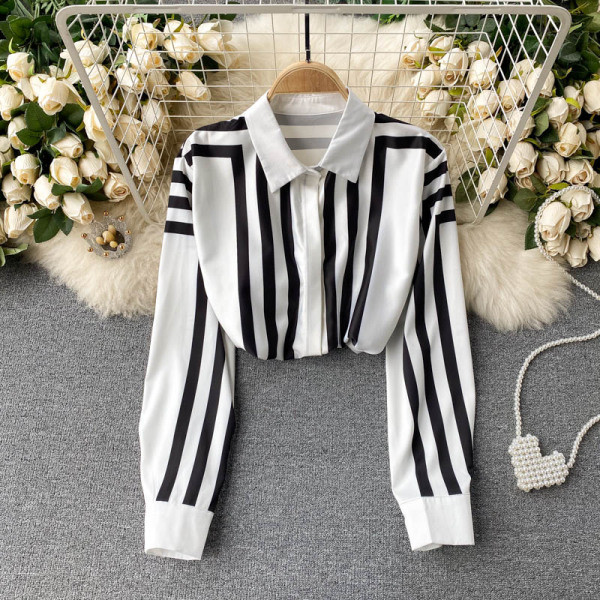 Must-valge ja klassikalise kraega triibuline naistesärk