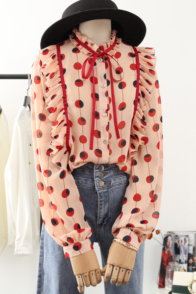 Moodne naiste täpiline madala krae ja paeltega särk