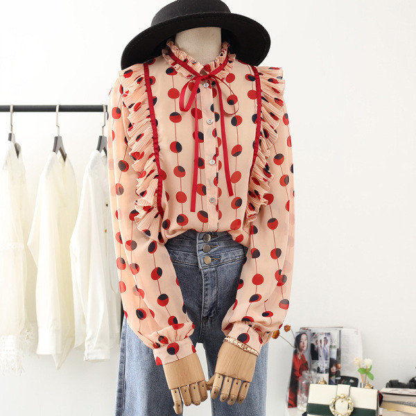 Moodne naiste täpiline madala krae ja paeltega särk