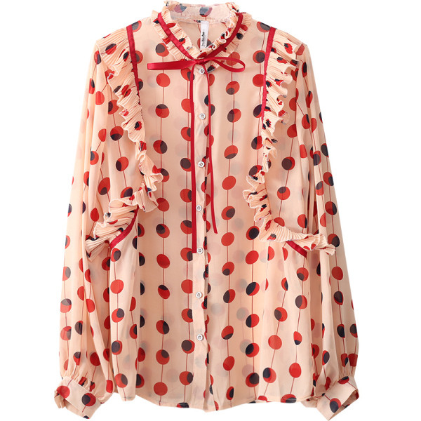 Moodne naiste täpiline madala krae ja paeltega särk