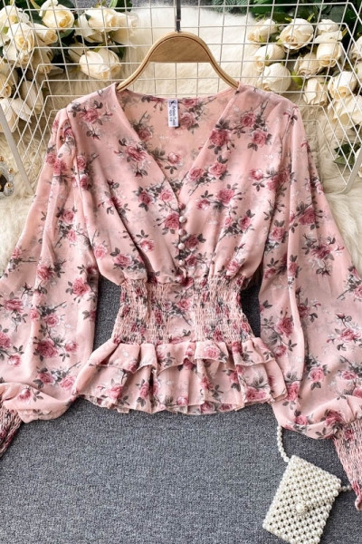 Modern női ing virágmintával és gombokkal - spitz nyakkivágással