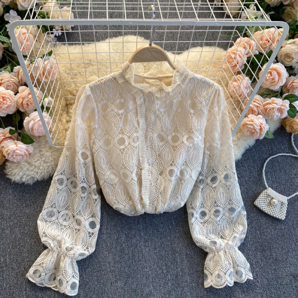 Cămașă modernă de damă din dantelă, cu guler scăzut și mâneci elastice