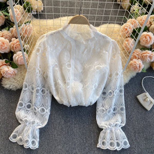 Cămașă modernă de damă din dantelă, cu guler scăzut și mâneci elastice