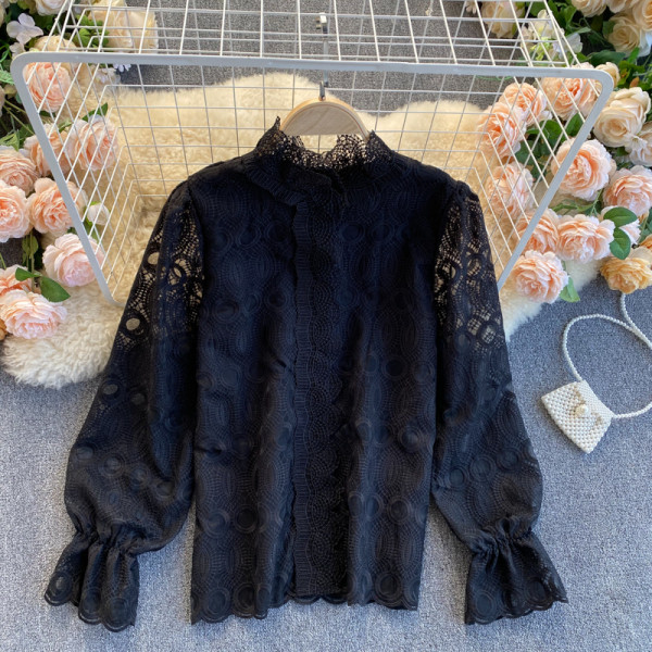 Cămașă modernă de damă din dantelă, cu guler scăzut și mâneci elastice