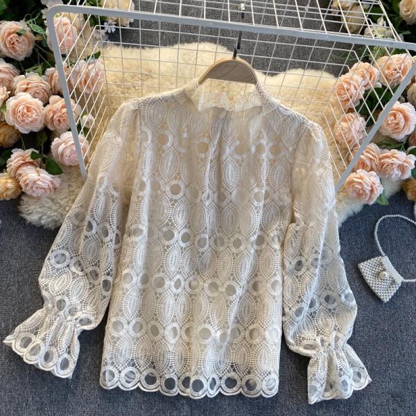 Cămașă modernă de damă din dantelă, cu guler scăzut și mâneci elastice