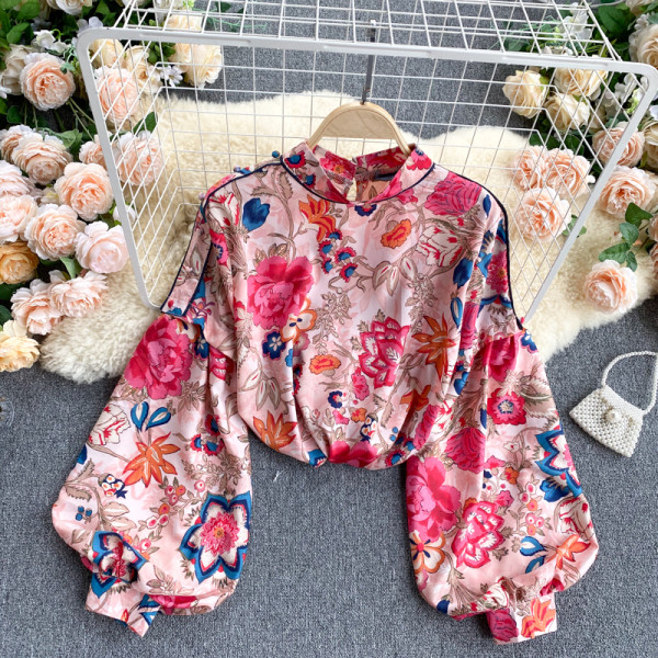 Mitmevärviline madala krae ja laiade varrukatega naiste särk