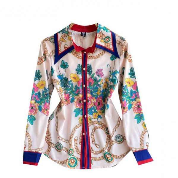 Naiste värviline klassikalise krae ja lillemotiividega särk