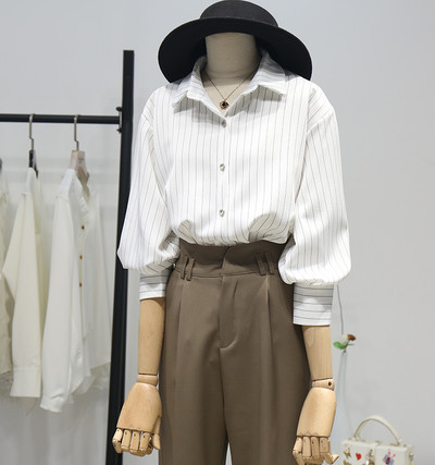 Új modell női csíkos ing klasszikus gallérral fehér és kék színben