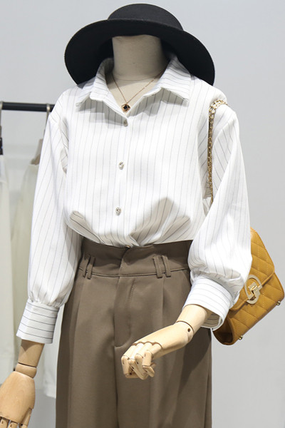 Új modell női csíkos ing klasszikus gallérral fehér és kék színben