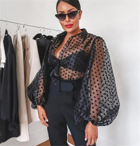 Прозрачна черна риза от тюл на точки