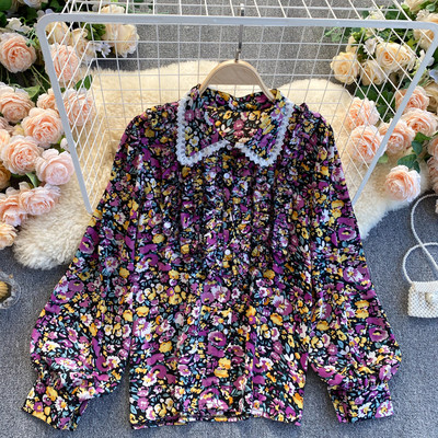 Modern női ing virágmintás klasszikus gallérral, csipkével