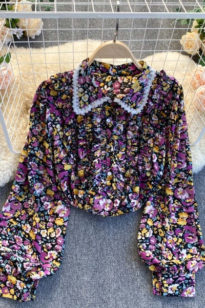 Modern női ing virágmintás klasszikus gallérral, csipkével