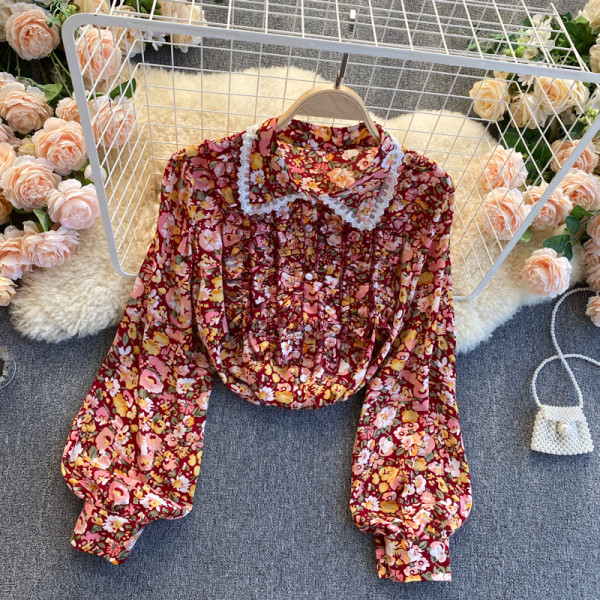 Modern női ing virágmintás klasszikus gallérral, csipkével