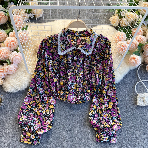 Modern női ing virágmintás klasszikus gallérral, csipkével